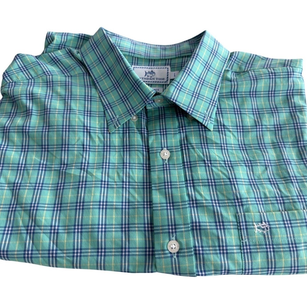 Southern Tide Performance Mens Large Green Plaid Short Sleeve Button Down Shirt
